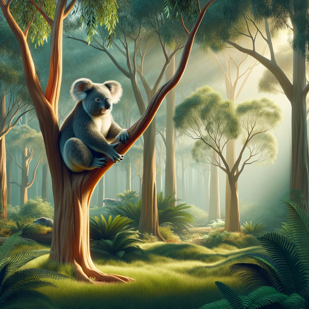 DALL·E 2024-04-18 21.20.08 - Peaceful natural setting of the Koala Conservation Reserve, featuring eucalyptus trees with one or more koalas perched in the branches. The backdrop i